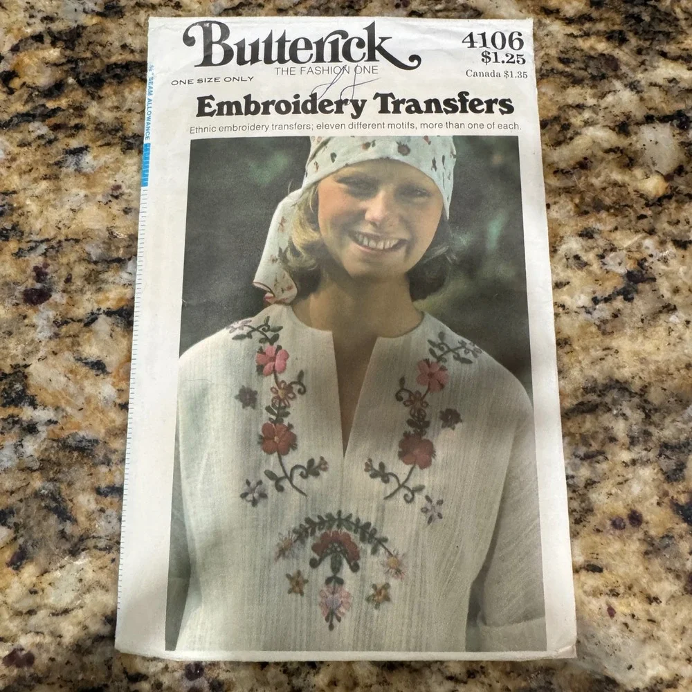 Vintage Butterick 4106 Embroidery Transfers Ethnic Floral Motifs One Size